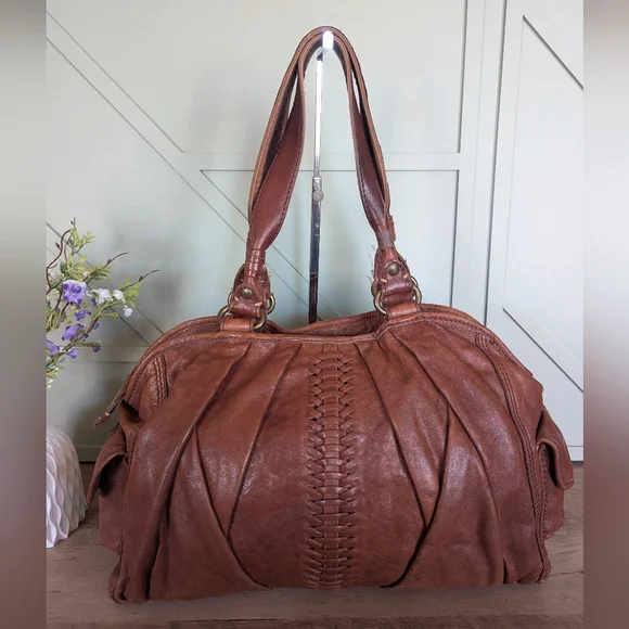 Lucky Brand Brown Leather Shoulder Bag with Woven Center - Picture 4 of 15